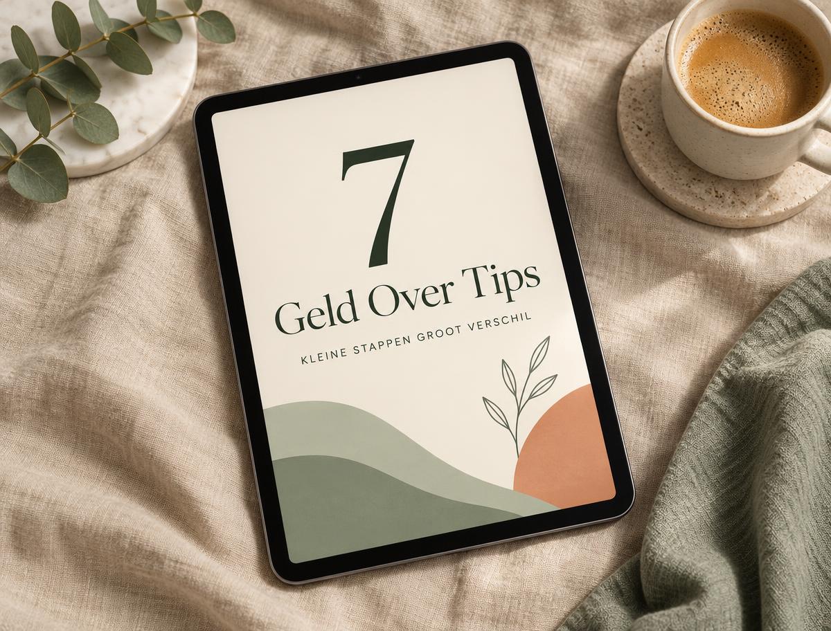 Tablet met het gratis e-book 7 Geld Over Tips, naast een kop koffie